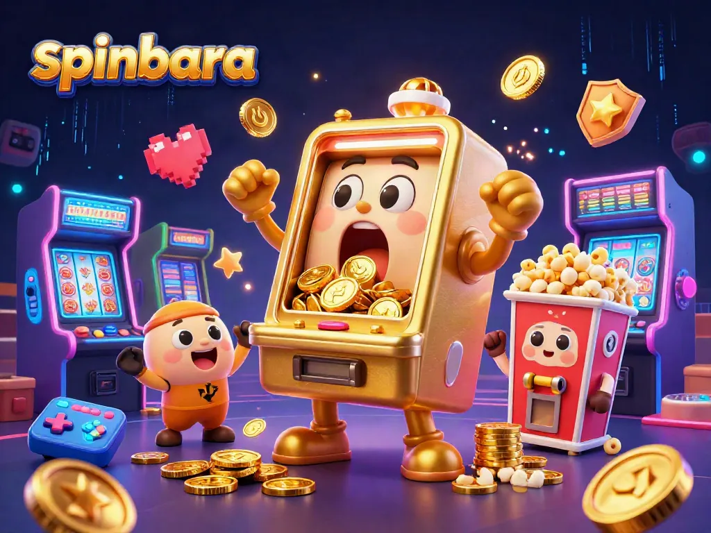 Spinbara slot machine celebrates its jackpot with cheering sidekick machines and golden popcorn kernels.