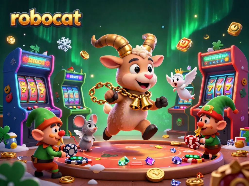 robocat themed casino illustration featuring a Krampus goat and elf gremlins among game machines.