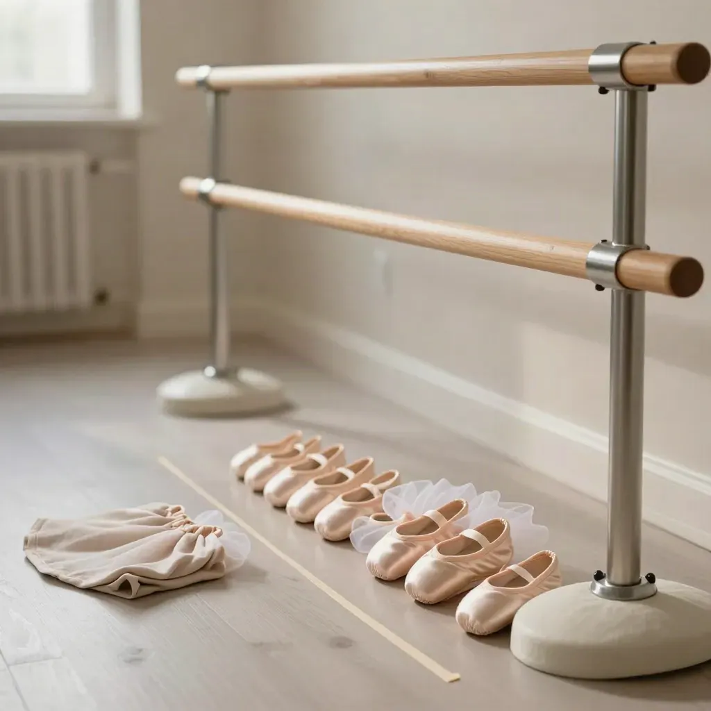 Rincón de ballet infantil con barra baja, zapatillas miniatura y tul claro en estudio luminoso.