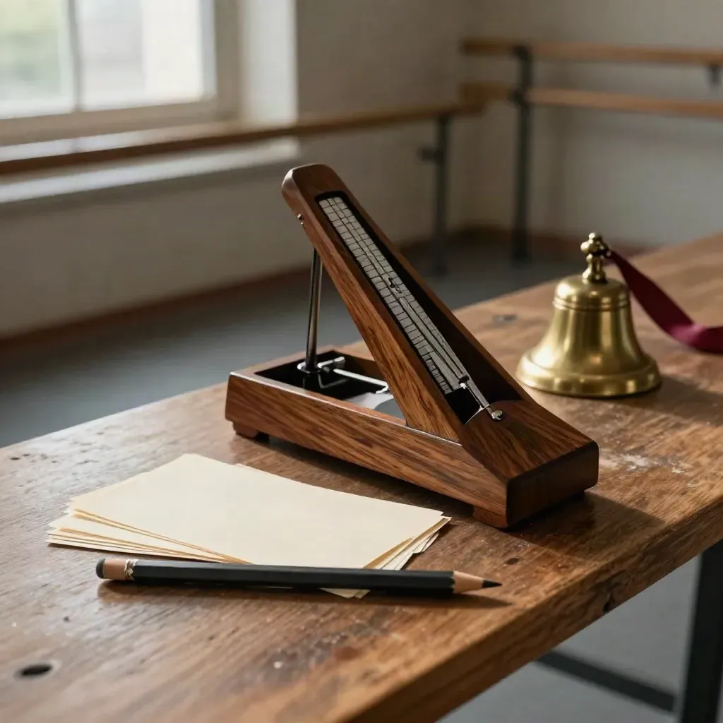Metrónomo de madera, fichas en blanco y campana de práctica en un rincón cálido de estudio de ballet.