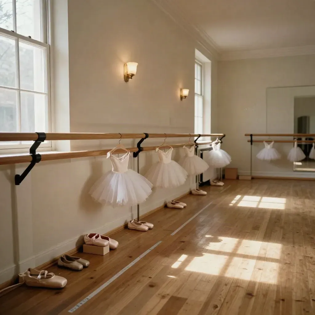Estudio de ballet infantil listo, con barra baja, tutús, zapatillas y luz cálida de tarde.