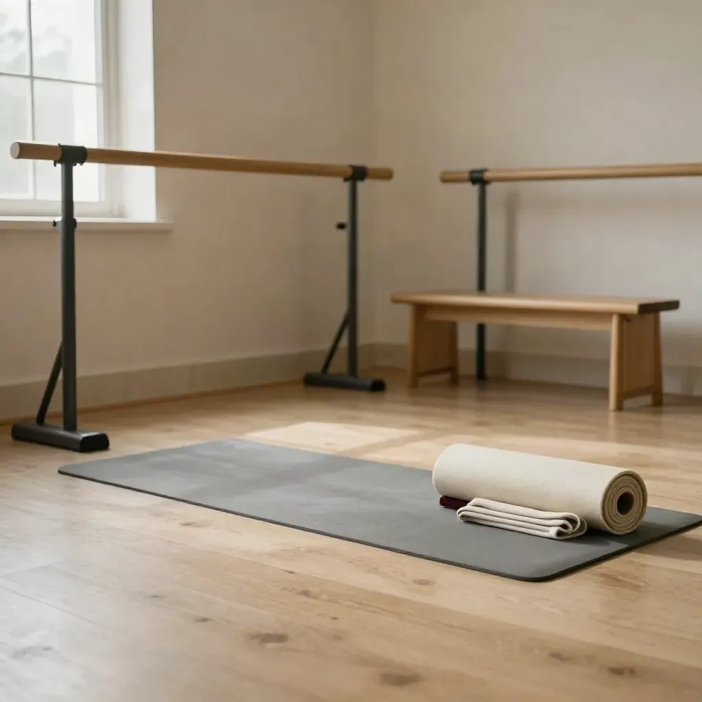 Sala de ballet vacía con barra lateral, banco bajo y esterilla enrollada, luz cálida natural.