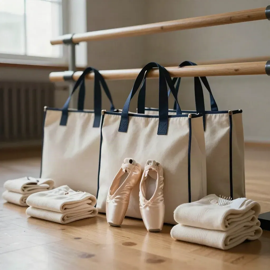Kit de ballet alineado junto a la barra, con puntas, bolsas y moños listos.