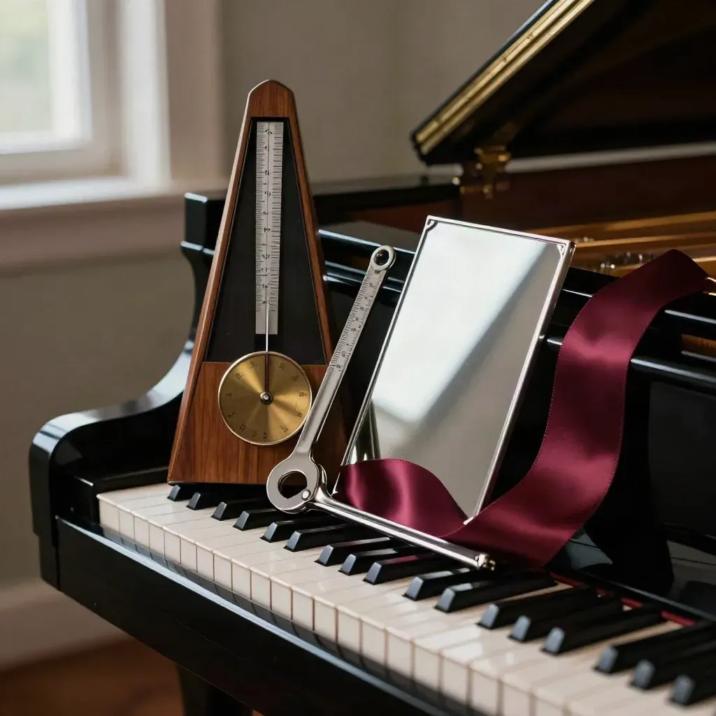 Metrónomo, llave de piano, cinta burdeos y espejo sobre un piano cerrado en luz dramática.