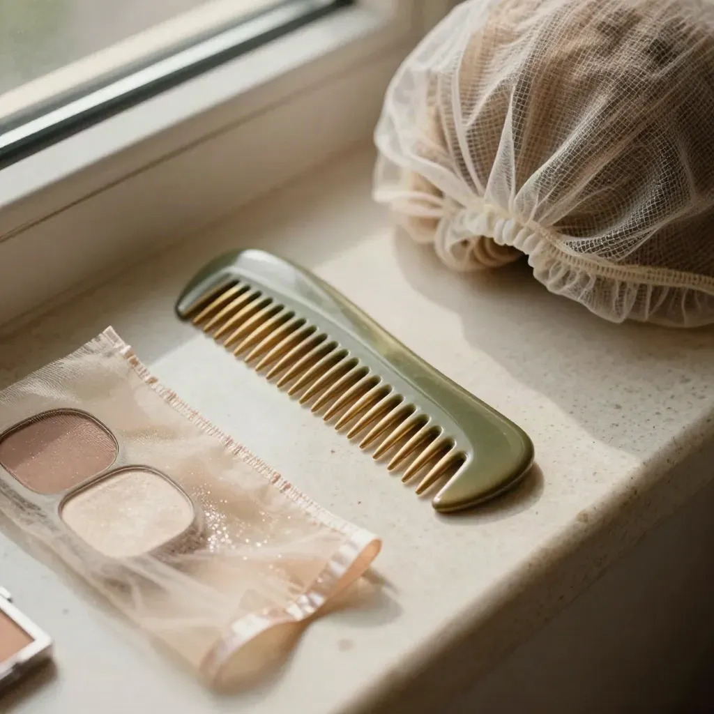 Kit escénico de ballet con peineta, redecilla, sombras en polvo y tul brillante en diagonal.