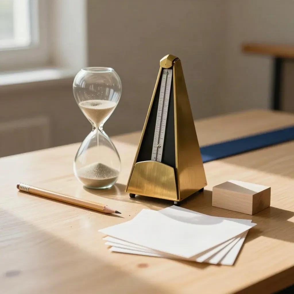Metrónomo, reloj de arena, lápiz gastado y fichas de práctica sobre mesa clara, con luz suave.