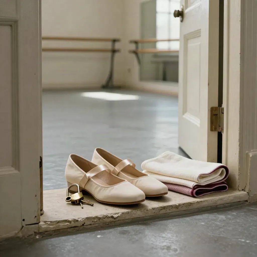 Zapatos de media punta, llave y toalla junto a una puerta de estudio entreabierta.