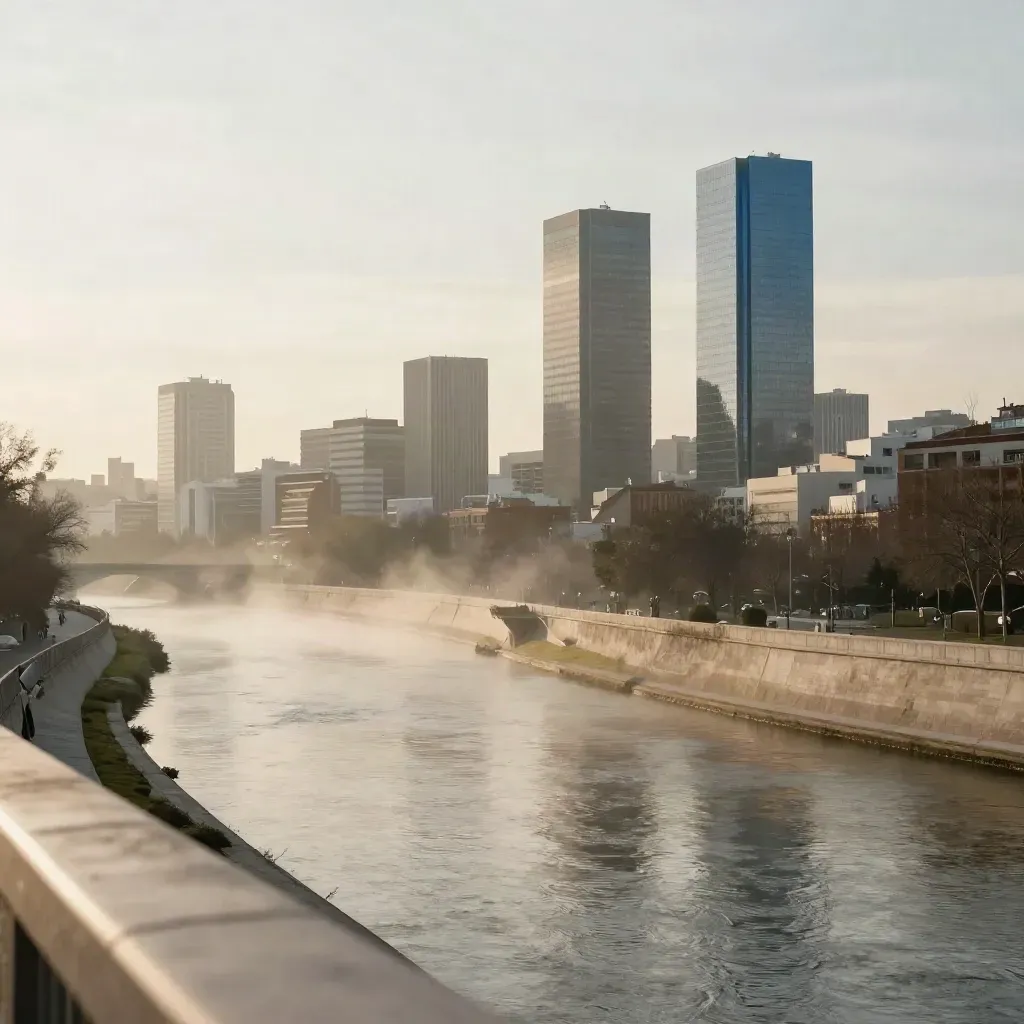 Madrid con las Cuatro Torres sobre el Manzanares en una mañana fría y neblinosa.