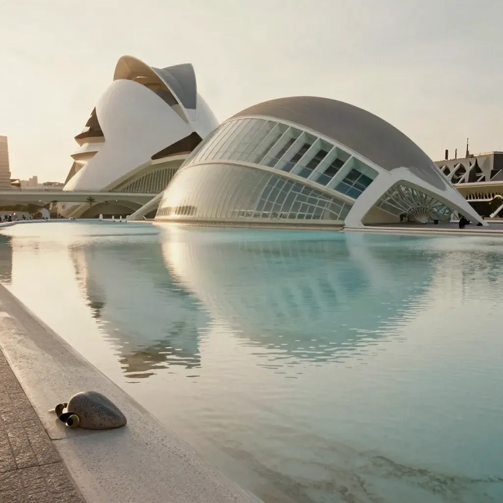 Ciudad de las Artes y las Ciencias de Valencia sobre agua quieta con palmeras bajas y reflejo luminoso.