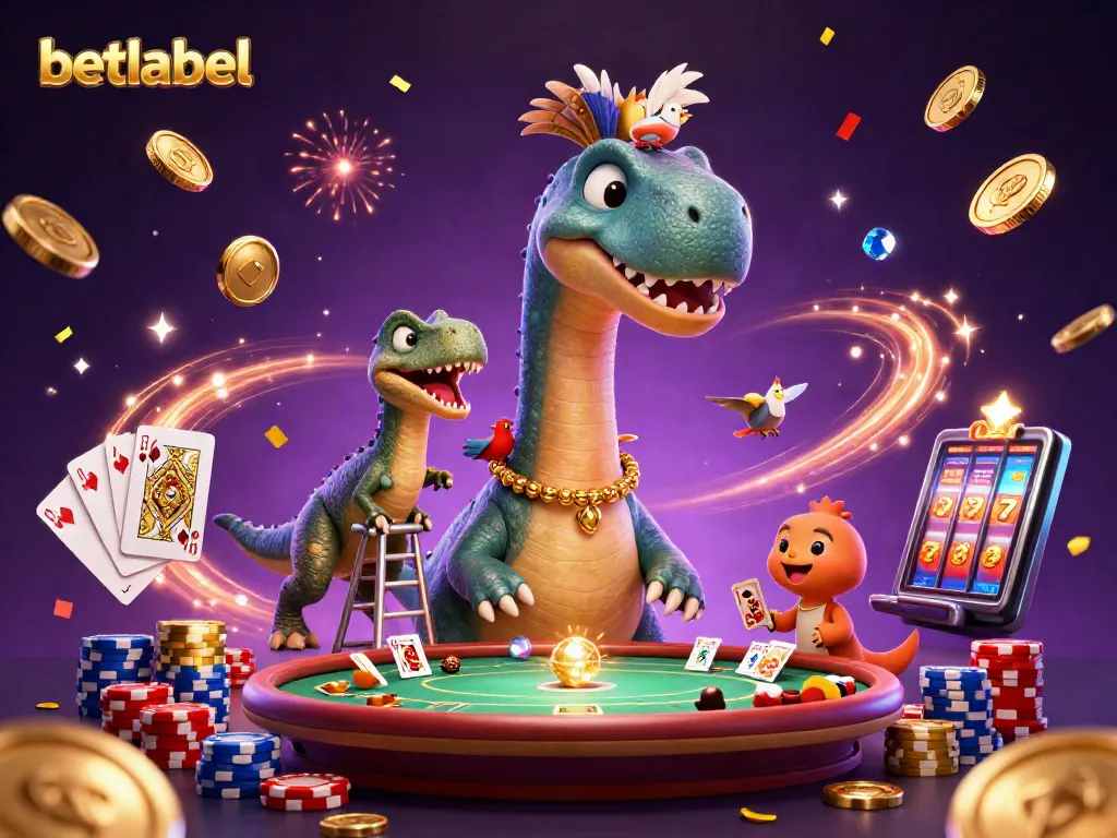 betlabel casino features a towering brontosaurus with a clever raptor dealing cards, creating gaming excitement