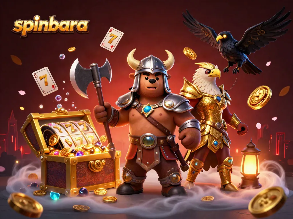 Spinbara casino action featuring a Viking bear and a Valkyrie eagle amidst vibrant slots and gaming elements.